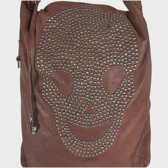 Thomas Wylde Brown Leather Studded Skull Large Hobo Bag Vintage Y2K - Picture 5 of 15